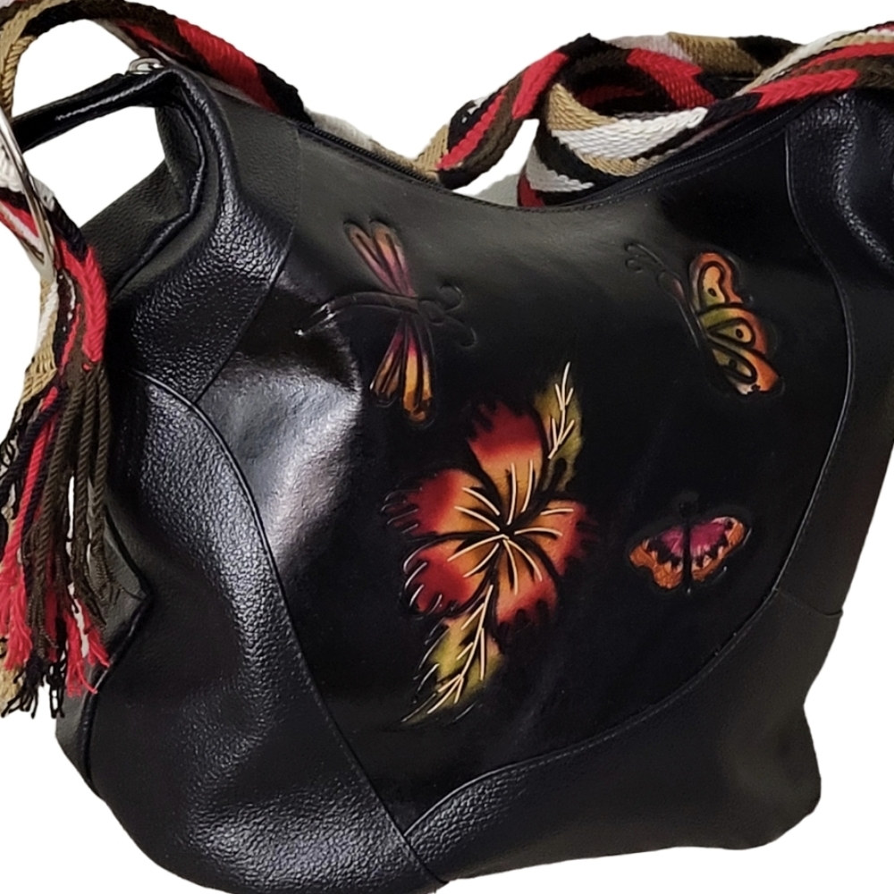 NWOT Leather Black Hand Painted 🎨 Crossbody Shoulder Bag